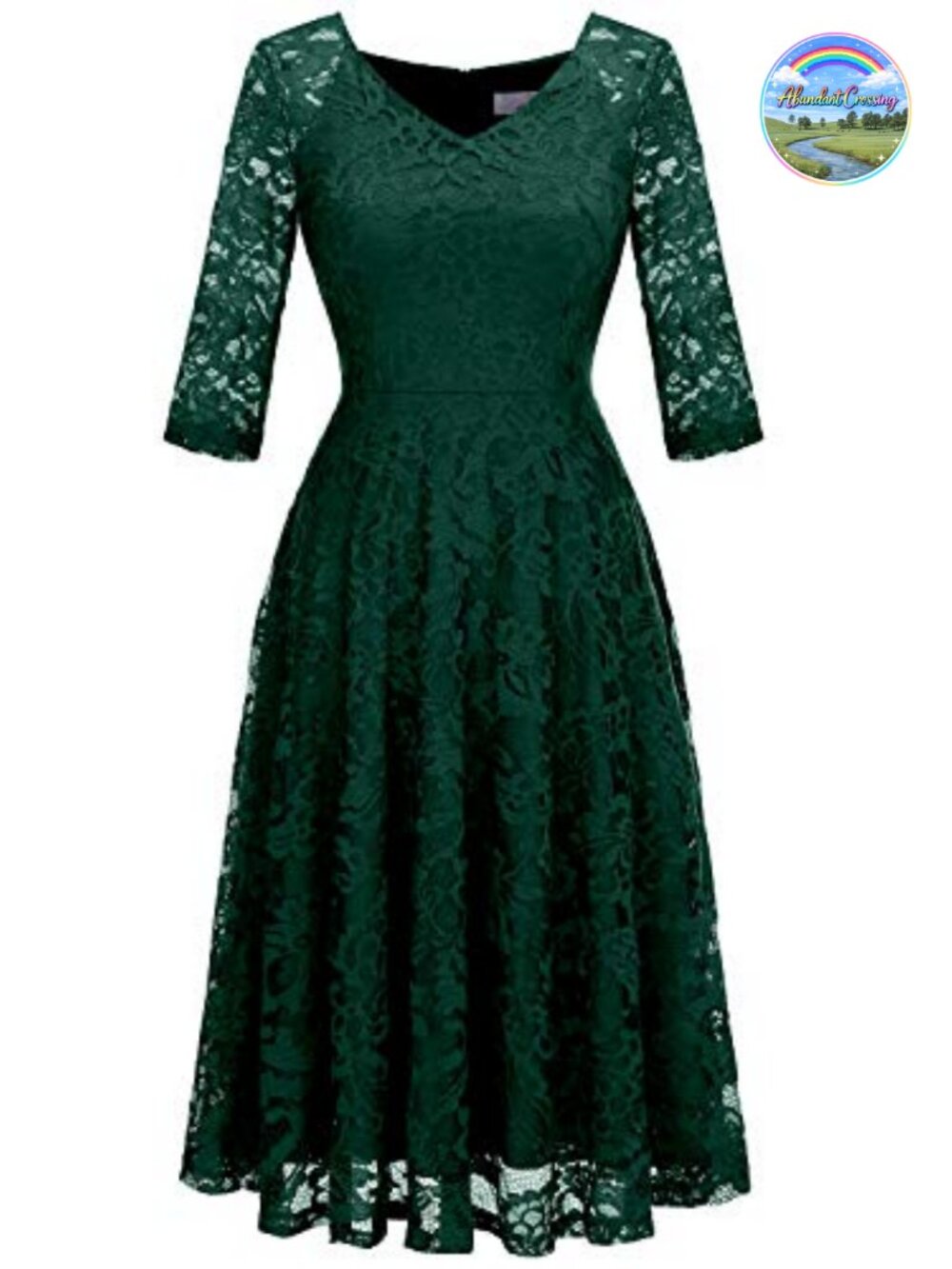 Lace A Line Formal Wedding Guest Dress 3/4 Sleeve V-Neck Tea Length